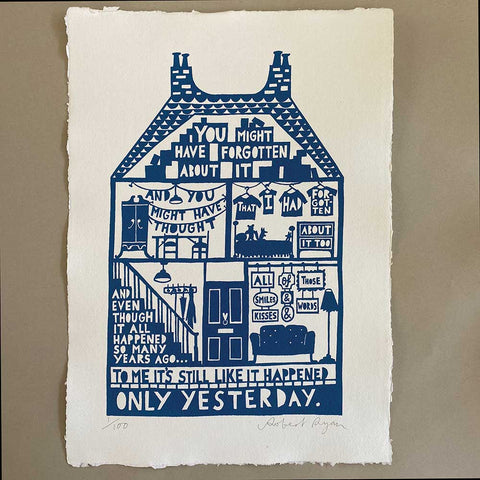 'Only Yesterday' Navy blue Screenprint on Hand made Indian cotton Khadi paper