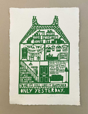 'Only Yesterday' Green Screenprint on Hand Made Indian Cotton Khadi paper